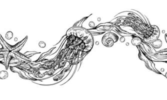 medusa, algas marinhas dentro a forma do uma onda com estrelas do mar e água bolhas. gráfico ilustração mão desenhado dentro Preto tinta. desatado padronizar fronteira eps . vetor