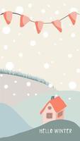 cartão de Natal bonito desenhado à mão estilo e cores pastel de harmonização da moda. árvore de natal e boneco de neve com caixa de presente no monte de neve com guirlanda e flocos de neve vetor