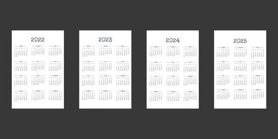2022 2023 2024 2025 modelo de calendário no estilo clássico estrito com tipo de fonte escrita. calendário mensal calendário individual minimalismo design restrito para notebook de negócios. semana começa no domingo vetor