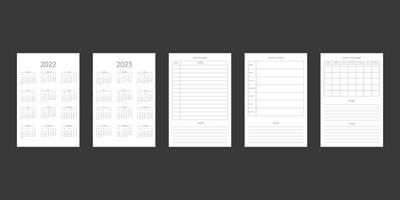 2022 2023 calendário e modelo diário de planejador pessoal mensal semanal diário em estilo estrito clássico. calendário mensal design de minimalismo de programação individual para notebook de negócios. semana começa no domingo vetor