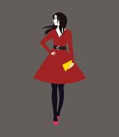 moda menina dentro vermelho vestir. moda terno e pequeno bolsa. à moda mulher. vetor