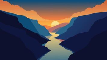 esplêndido verão pôr do sol do ensolaradovsfjorden fiorde desfiladeiro, Geiranger Vila localização, ocidental Noruega. plano ilustração natureza fundo vetor