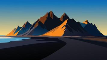 Preto areia dunas em a Stokksnes promontório em sudeste islandês costa com vestrahorn, colorida verão manhã plano ilustração, natureza fundo. vetor