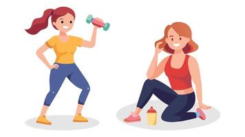 alegre mulheres relaxante durante uma exercite-se sessão, plano ilustração em branco fundo. vetor