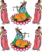 o senhor Krishna e o senhor rama os deuses hindus e seus sevika ou servos tocando flauta. sentado em um lótus. para impressão têxtil, logotipo, papel de parede vetor