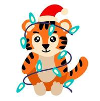 tigre fofo com festão. ilustração de ano novo para crianças vetor