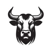 vaca clipart - uma confiante touro face ilustração dentro Preto e branco vetor