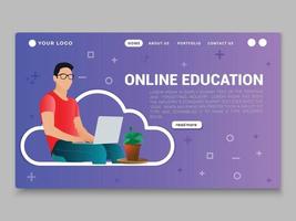 conceito de educação online com ilustração vetorial de uma pessoa segurando o modelo de design de interface do usuário da página de destino de um site de laptop vetor