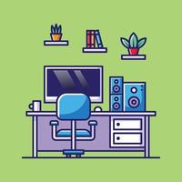 espaço de trabalho ilustração dos desenhos animados computador com cadeira monitor planta livro vidro e som na mesa vetor