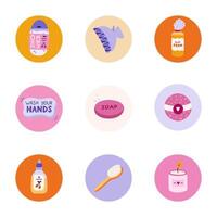 fofa e engraçado volta luzes para social meios de comunicação, blogs, negócios, branding com spa, higiene e banhar ilustrações. cobrir ícones para histórias com Cosmético produtos, lavando Itens clipart. vetor