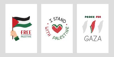 nós ficar de pé com Palestina conjunto do cartazes com letras e simples mão desenhado clipart do gaza bandeira dentro a mão, Melancia dentro a forma do coração, mapa do Israel e Gaza. conceito do Apoio, suporte Palestina. vetor