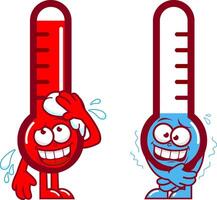 desenho animado quente e frio termômetro personagens. uma tremendo e uma quente suando termômetro. engraçado desenho animado termômetros indicando muito quente e frio temperatura. vetor