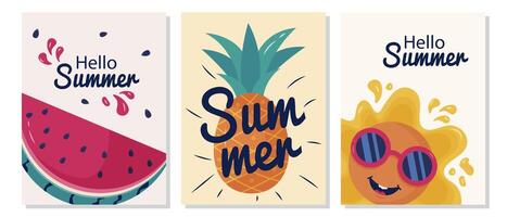 conjunto do verão cartazes plano projeto, melancia, gelo creme e sol, simples minimalista com fofa personagem. vetor