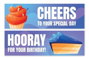 conjunto do horizontal brilhante feriado aniversário cartões. faixas modelo com desenho animado engraçado ilustrações do bolo e Bolinho. vetor