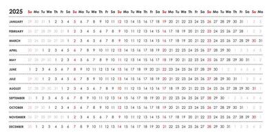 linear calendário para 2025. horizontal, semana começa em Domingo, inglês, Preto e branco. vetor