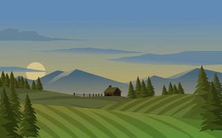Ilustração rural fazenda pôr do sol com montanha vetor
