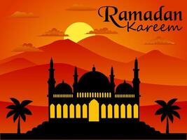 Ramadã kareem religioso tradição celebração, islâmico cumprimento projeto, mesquita silhueta conceito com montanha fundo às pôr do sol vetor