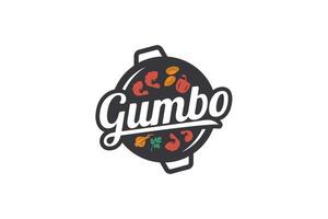 quiabo logotipo com uma combinação do quiabo pratos apresentando camarão, pimentas, cebolas, salsão, mexilhão com lindo rotulação. isto logotipo é adequado para restaurantes, Comida caminhões, cafés, etc. vetor