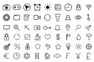 conjunto de símbolos de contorno. coleção de ícones de linha fina preta isolada no fundo branco. conjunto de ícones universais. vetor