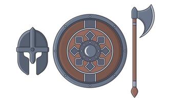 medieval capacete, armaduras, e batalha machado vetor