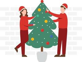 uma menina e um menino em pé perto da árvore de Natal. vetor