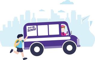 uma criança corre para pegar o ônibus escolar. vetor