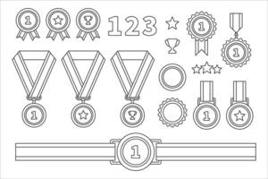 medalha e fita esboço ícone definir. a medalhas venha dentro diferente tamanhos e formas, e elas estão todos dentro uma linha. vetor
