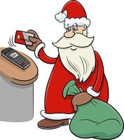 cartoon papai noel pagando por presentes de natal com cartão vetor