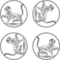 tigre desenhou no estilo ganjfa. ganjifa é um jogo de cartas tradicional que, ao longo do tempo, evoluiu para uma forma de arte. arte popular de maharashtra, impressão em têxteis da Índia, logotipo, papel de parede vetor