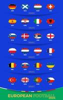 grupo etapa do europeu futebol torneio 2024, nacional bandeiras do futebol equipes classificado de grupo. vetor