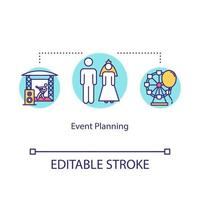 ícone do conceito de gerenciamento de eventos. ocasião especial celebração planejamento idéia ilustração linha fina. concertos, organização de férias. desenho de cor rgb de contorno isolado vetor. curso editável vetor