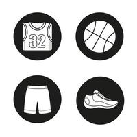 conjunto de ícones de basquete. camisa, bola, bermuda e sapato. kit de jogador de basquete. Ilustrações brancas em círculos pretos vetor