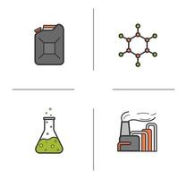 conjunto de ícones de cores da indústria de petróleo. barril de petróleo, estrutura molecular, reação química e fábrica. poluição industrial. ilustrações isoladas de vetor