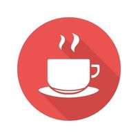 xícara de chá no ícone de sombra vermelha longa design plano placa. xícara de café fumegante. símbolo da silhueta do vetor