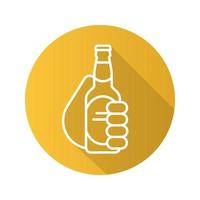mão com ícone de sombra longa plana linear de garrafa de cerveja. mão segurando cerveja. símbolo de linha de vetor