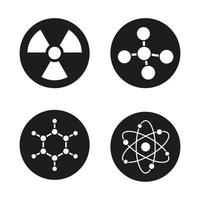 conjunto de ícones de química e física. átomo, molécula e sinal de cautela radioativa. sinal de radiação. símbolos da ciência. Ilustrações brancas em círculos pretos vetor