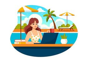 freelance trabalhadores relaxante de a natação piscina ilustração com bebendo coquetéis e usando laptops dentro uma plano desenho animado estilo fundo vetor