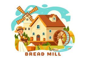pão moinho ilustração com trigo sacos, vários pães e moinho de vento para produtos padaria dentro plano desenho animado fundo Projeto vetor