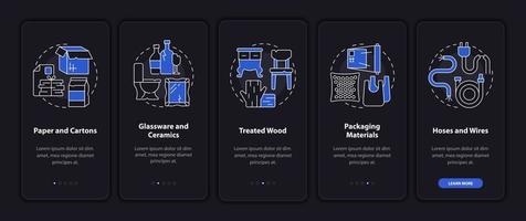 tipos de resíduos aceitos tela escura da página do aplicativo móvel de integração. reciclagem passo a passo 5 etapas instruções gráficas com conceitos. modelo de vetor ui, ux, gui com ilustrações de modo noturno linear