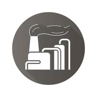 fábrica com ícone de sombra longa de design plano de fumaça. poluição industrial. símbolo da silhueta do vetor
