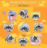 conjunto de personagens de desenhos animados bonito guaxinim kawaii. adorável e engraçado sorrindo animais isolados adesivos, pacote de patches. anime baby guaxinim dormindo, comendo biscoitos, executando emojis em fundo laranja vetor