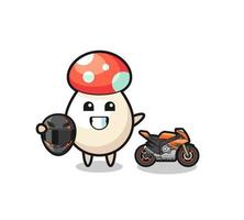 desenho de cogumelo fofo como um piloto de motocicleta vetor