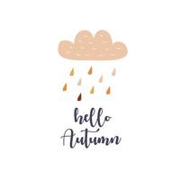 design de cartão com texto Olá outono. estilo desenhado à mão. chuva com gotas e nuvens vetor