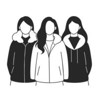 três sem rosto fêmea amigos vestindo inverno jaquetas com diferente poses vetor