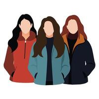 três sem rosto fêmea amigos vestindo inverno jaquetas com diferente poses, mulher dia vetor