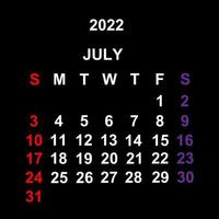 julho de 2022, design de modelo de calendário sobre fundo preto. semana começa no domingo. vetor