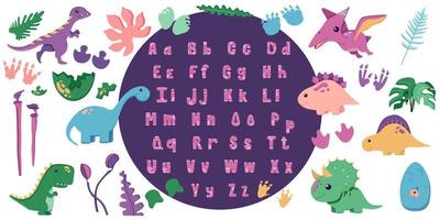 um conjunto de dinossauros fofos para decorar o berçário, adesivos da era mesozóica para crianças, com alfabeto desenhado à mão em um estilo simples, isolado em um branco. vetor