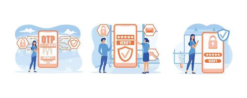 otp um tempo senha para seguro transação em digital Forma de pagamento transação. Móvel aplicativo em Smartphone tela. 1 Tempo senha verificação Smartphone tela. conjunto plano moderno ilustração vetor