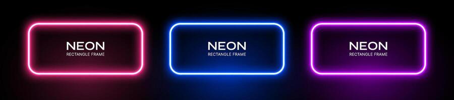 néon luz retângulo quadro. brilho fronteira. bandeira forma com laser efeito dentro rosa, azul e roxa cores. conjunto do conduziu fluorescente modelos. vetor