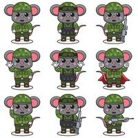 fofa rato soldado dentro camuflar uniforme. desenho animado engraçado rato soldado personagem com capacete e verde uniforme dentro diferente posições. engraçado animal ilustração definir. vetor